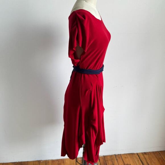 Handmade Red Jersey Asymmetrical Ruched Raw-Edge Dress - Picture 2 of 7